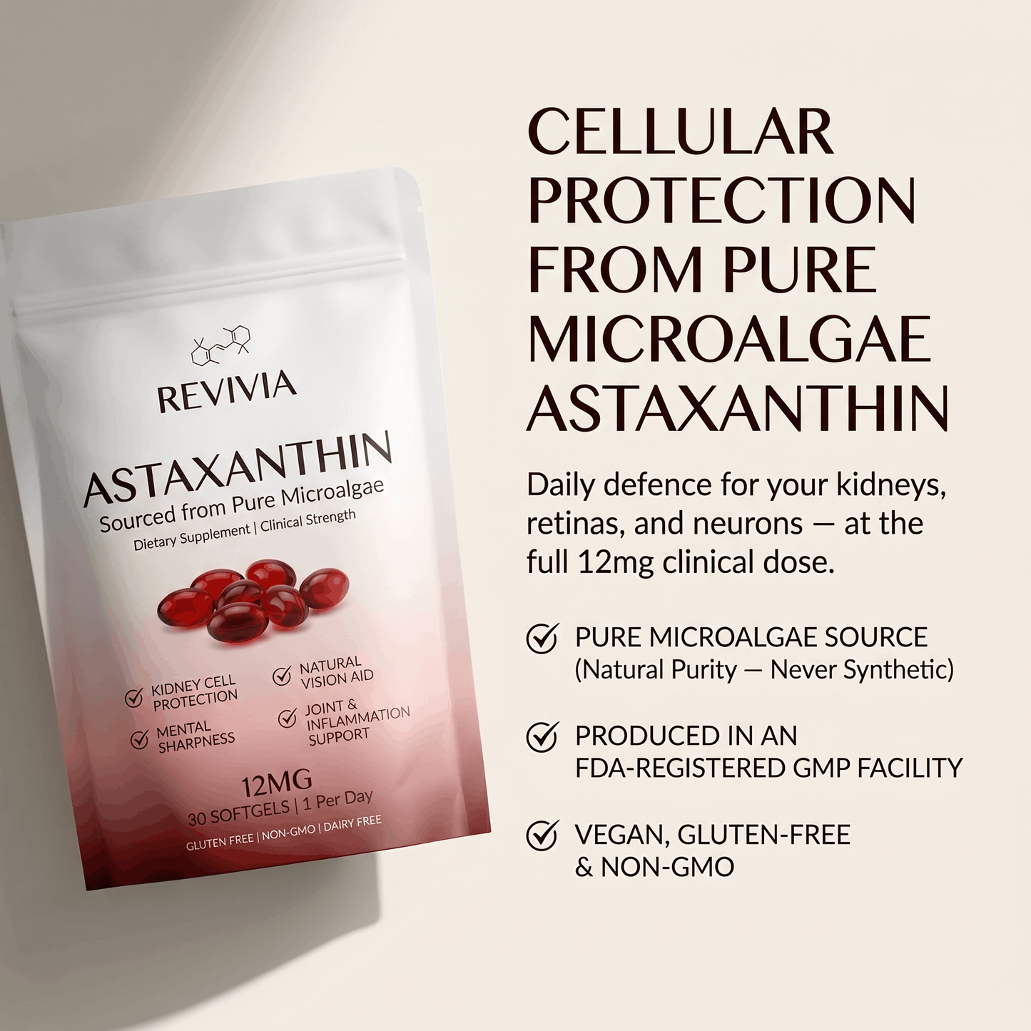 Revivia Astaxanthin Softgels — Clinically Dosed Kidney, Vision & Brain Protection That Actually Reaches Your Cells The Starter Defense