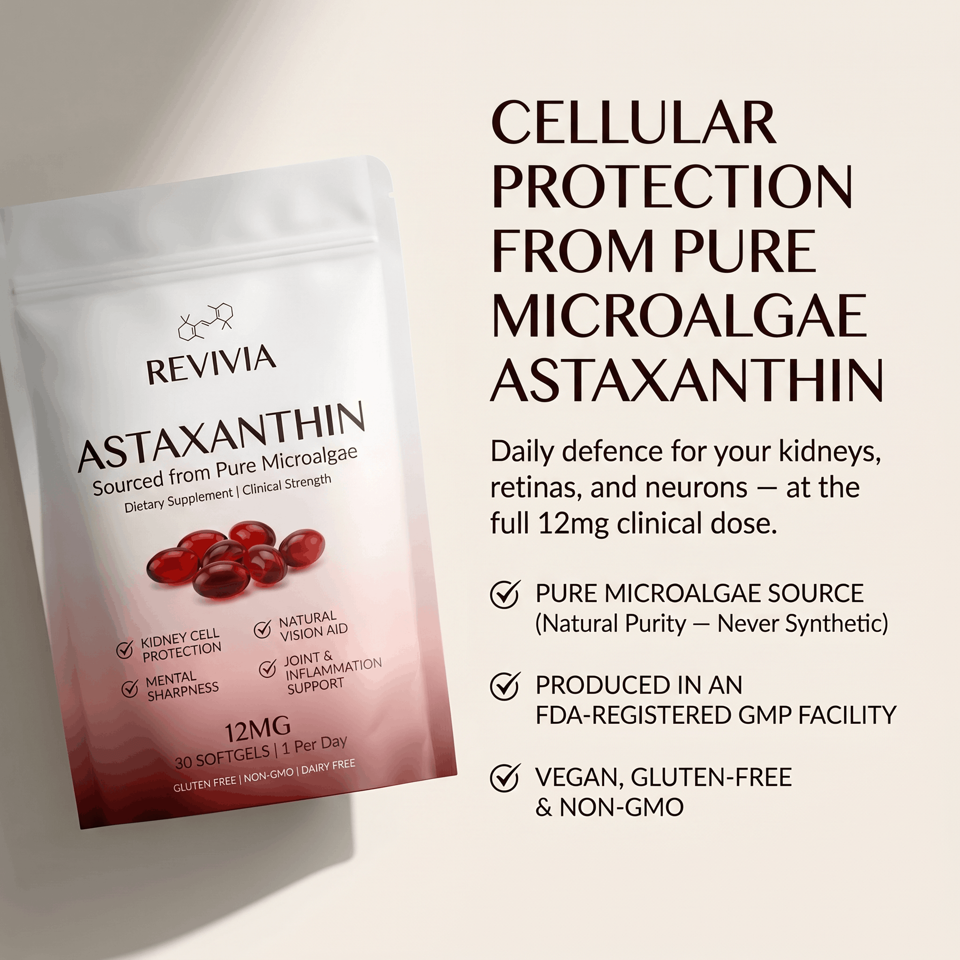 Revivia Astaxanthin Softgels — Clinically Dosed Kidney, Vision & Brain Protection That Actually Reaches Your Cells The Starter Defense