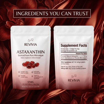 Revivia Astaxanthin Softgels — Clinically Dosed Kidney, Vision & Brain Protection That Actually Reaches Your Cells The Starter Defense