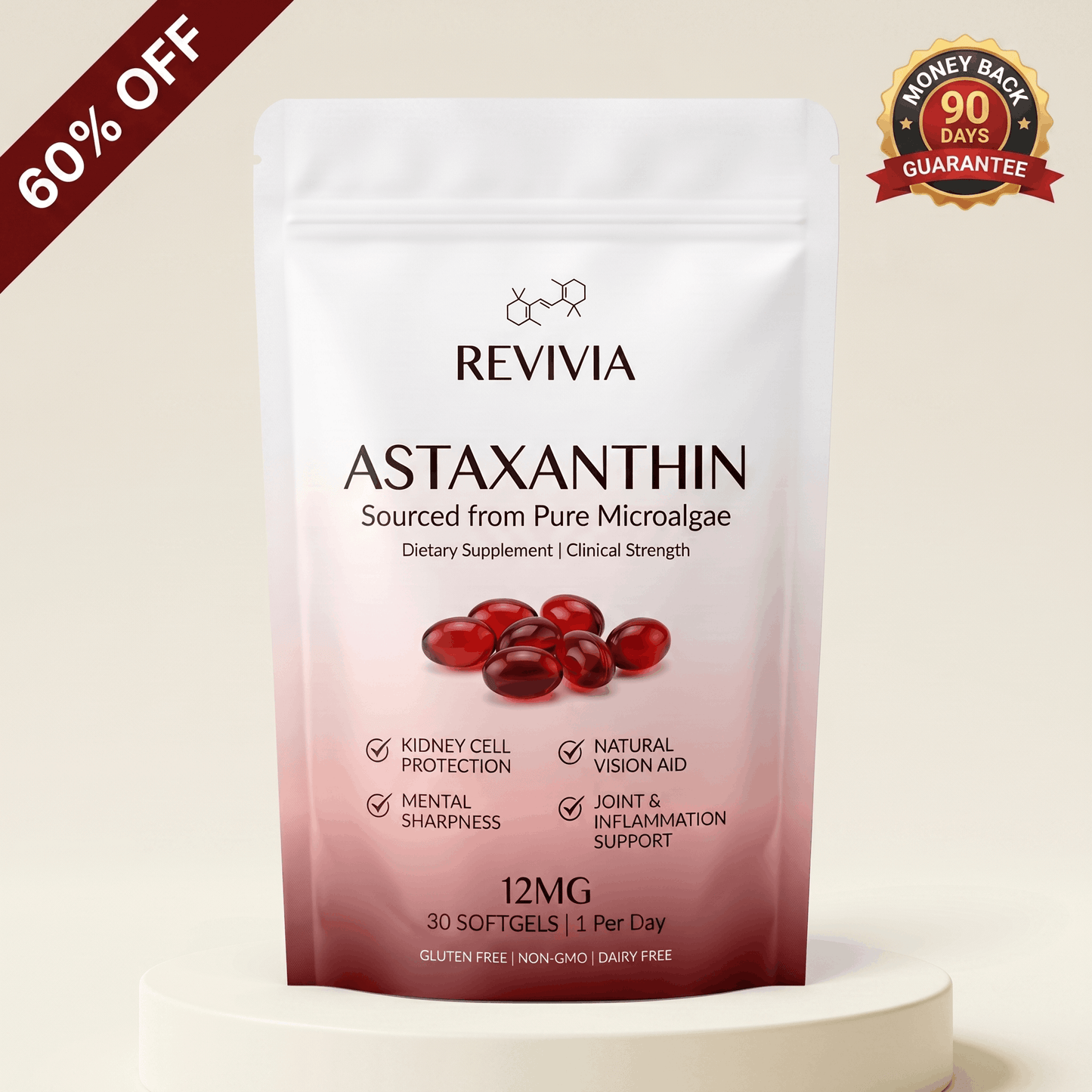 Revivia Astaxanthin Softgels — Clinically Dosed Kidney, Vision & Brain Protection That Actually Reaches Your Cells The Starter Defense