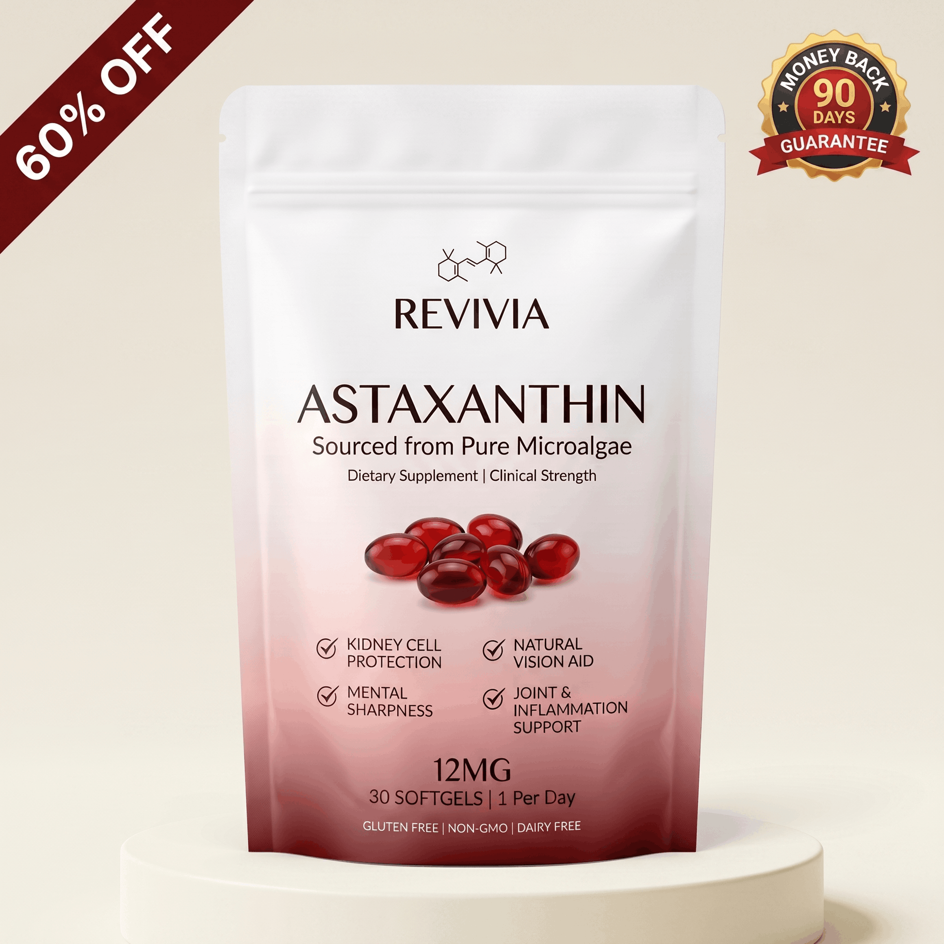 Revivia Astaxanthin Softgels — Clinically Dosed Kidney, Vision & Brain Protection That Actually Reaches Your Cells The Starter Defense