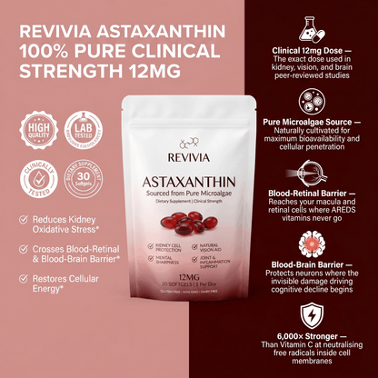 Revivia Astaxanthin Softgels — Clinically Dosed Kidney, Vision & Brain Protection That Actually Reaches Your Cells The Starter Defense