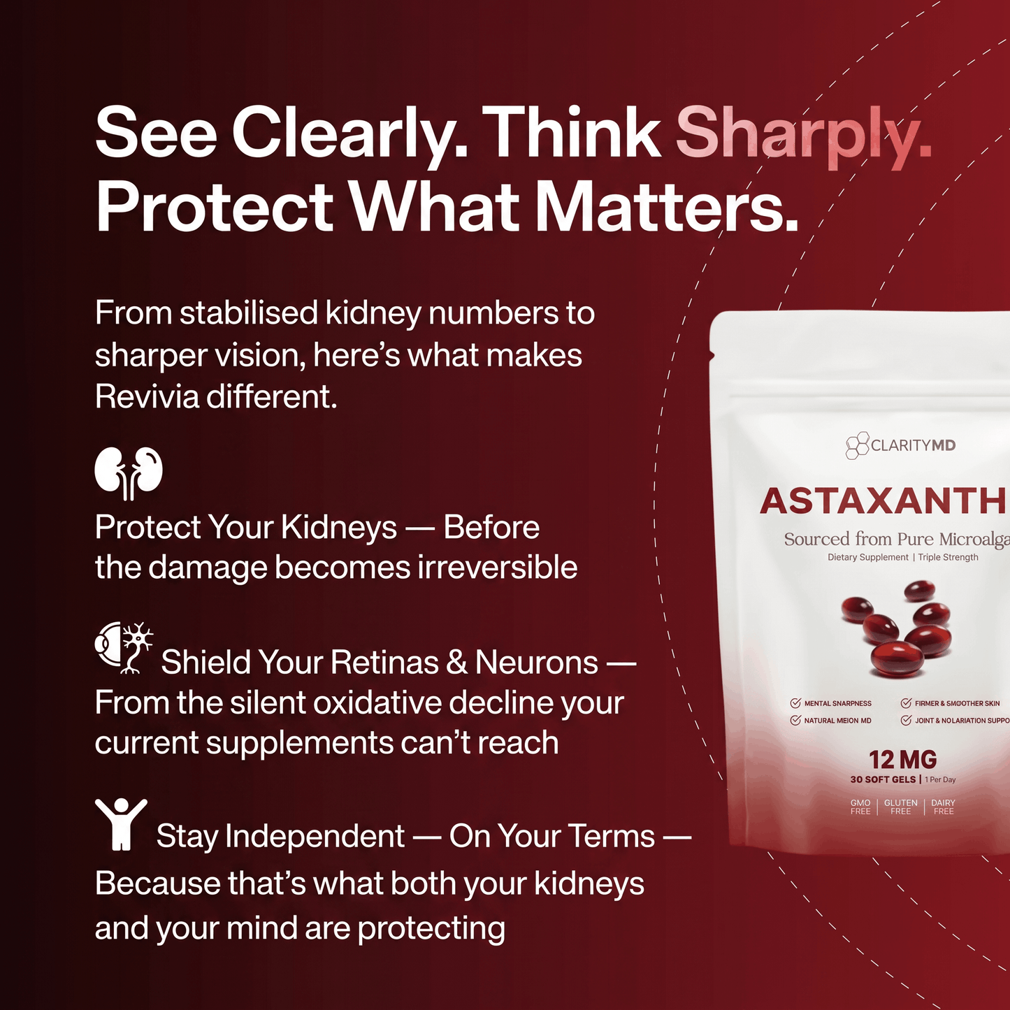 Revivia Astaxanthin Softgels — Clinically Dosed Kidney, Vision & Brain Protection That Actually Reaches Your Cells The Starter Defense