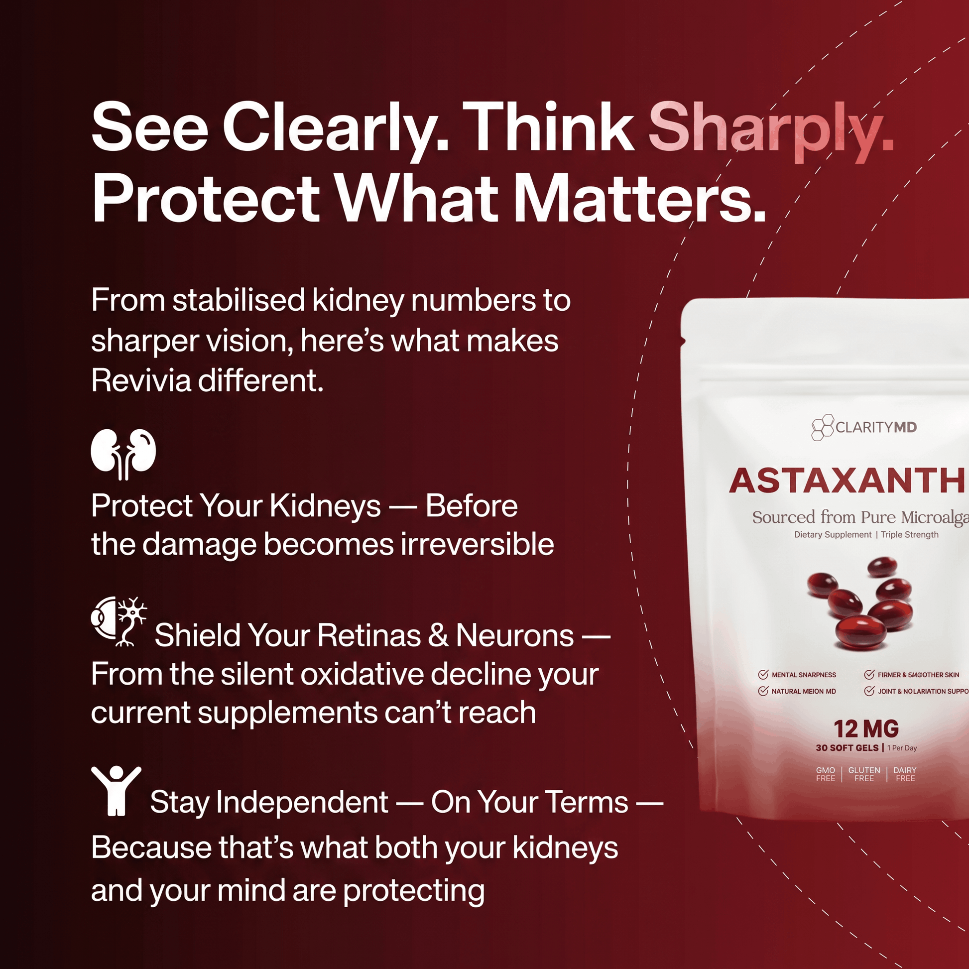 Revivia Astaxanthin Softgels — Clinically Dosed Kidney, Vision & Brain Protection That Actually Reaches Your Cells The Starter Defense
