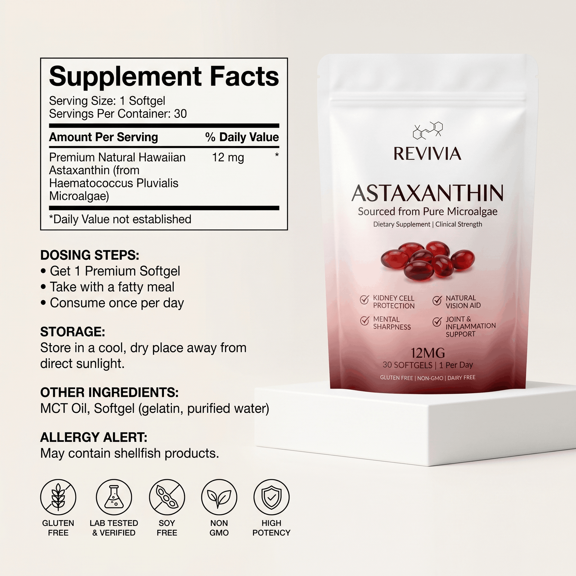 Revivia Astaxanthin Softgels — Clinically Dosed Kidney, Vision & Brain Protection That Actually Reaches Your Cells The Starter Defense