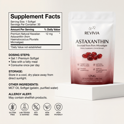 Revivia Astaxanthin Softgels — Clinically Dosed Kidney, Vision & Brain Protection That Actually Reaches Your Cells The Starter Defense