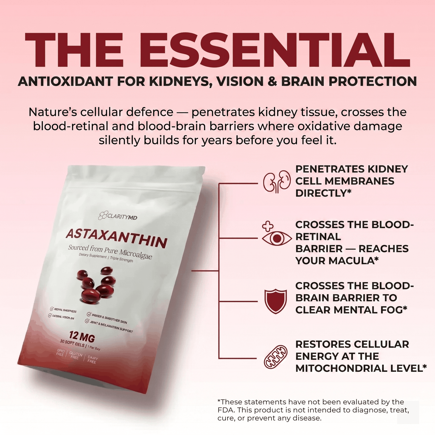 Revivia Astaxanthin Softgels — Clinically Dosed Kidney, Vision & Brain Protection That Actually Reaches Your Cells The Starter Defense