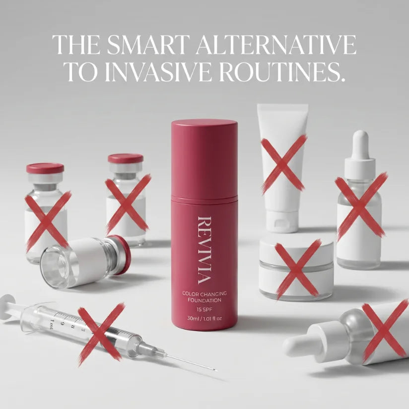Revivia product among crossed-out luxury creams & vials